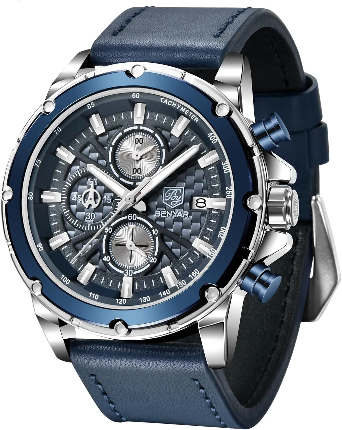 BENYAR Mens Watch Analog Quartz Movement Chronograph Leather Strap Waterproof Luminous Date Wristwatch Stylish Casual Business Wrist Watches Elegant Gift for Men
