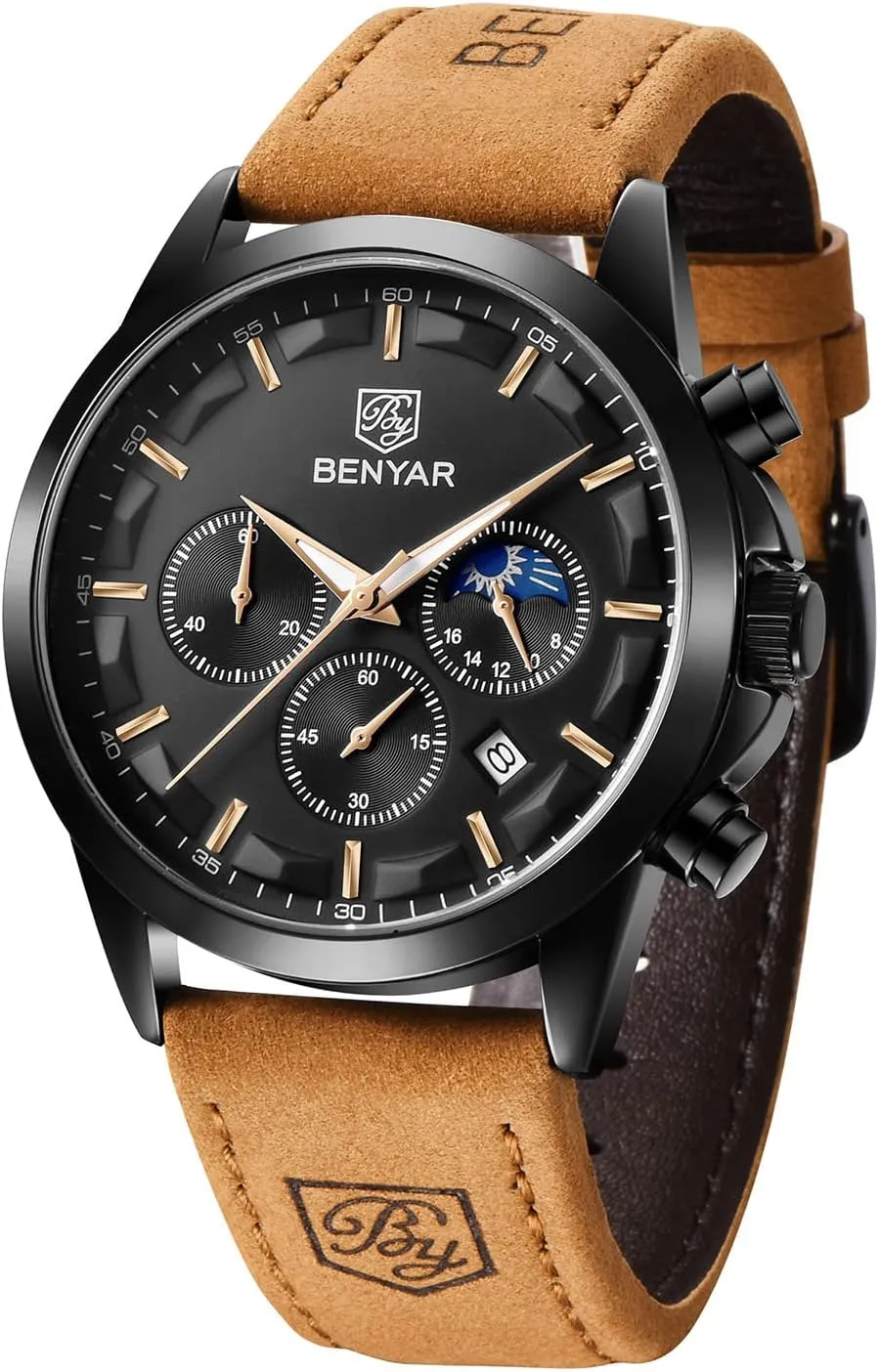 BENYAR Mens Watch Analog Quartz Movement Chronograph Stylish Casual Wristwatch with Stainless Steel Bracelets Waterproof Luminous Date Watches Elegant Gift for Men