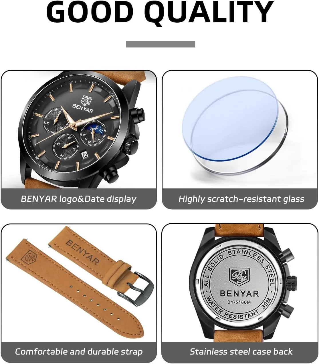 BENYAR Mens Watch Analog Quartz Movement Chronograph Stylish Casual Wristwatch with Stainless Steel Bracelets Waterproof Luminous Date Watches Elegant Gift for Men