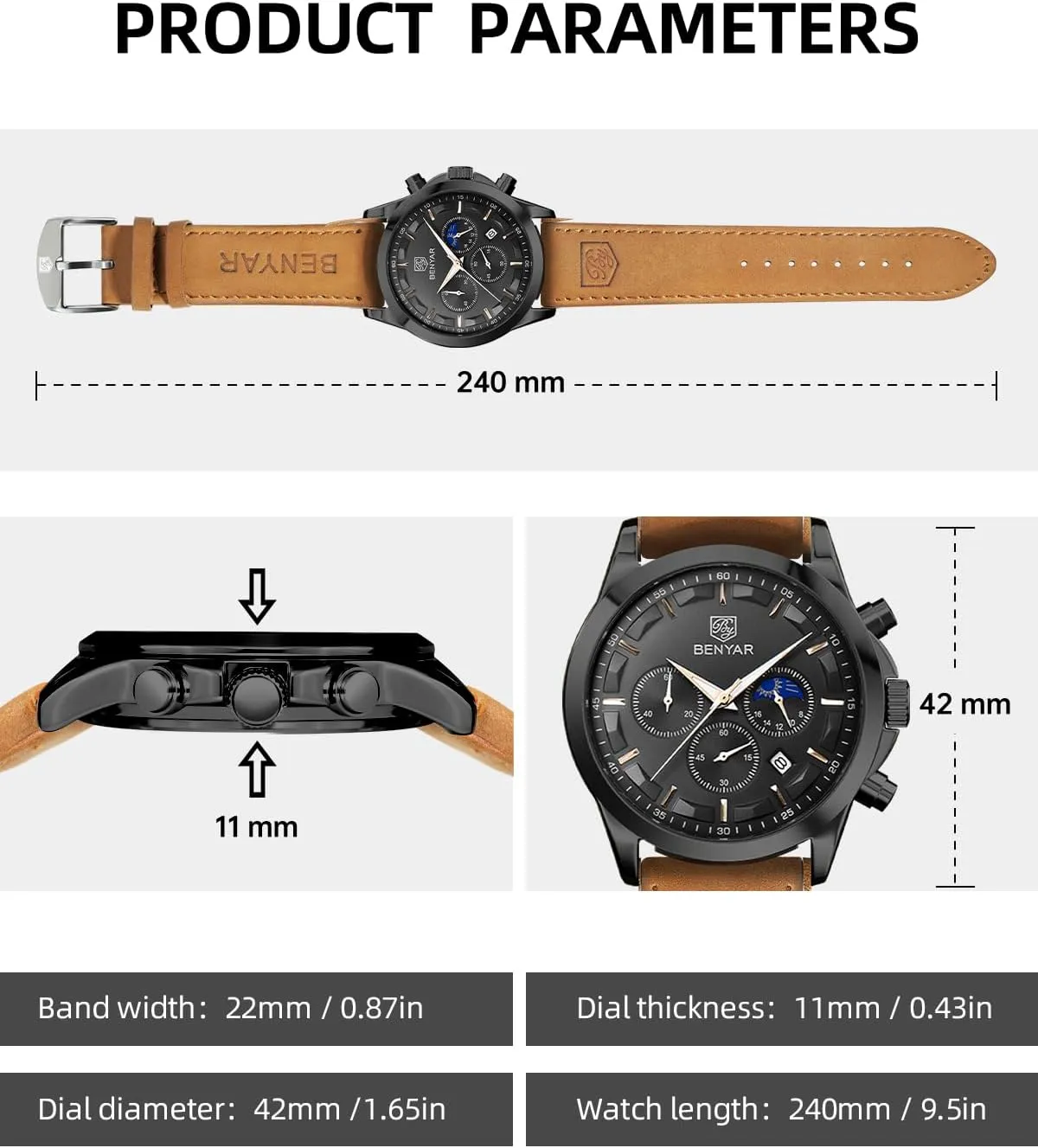 BENYAR Mens Watch Analog Quartz Movement Chronograph Stylish Casual Wristwatch with Stainless Steel Bracelets Waterproof Luminous Date Watches Elegant Gift for Men