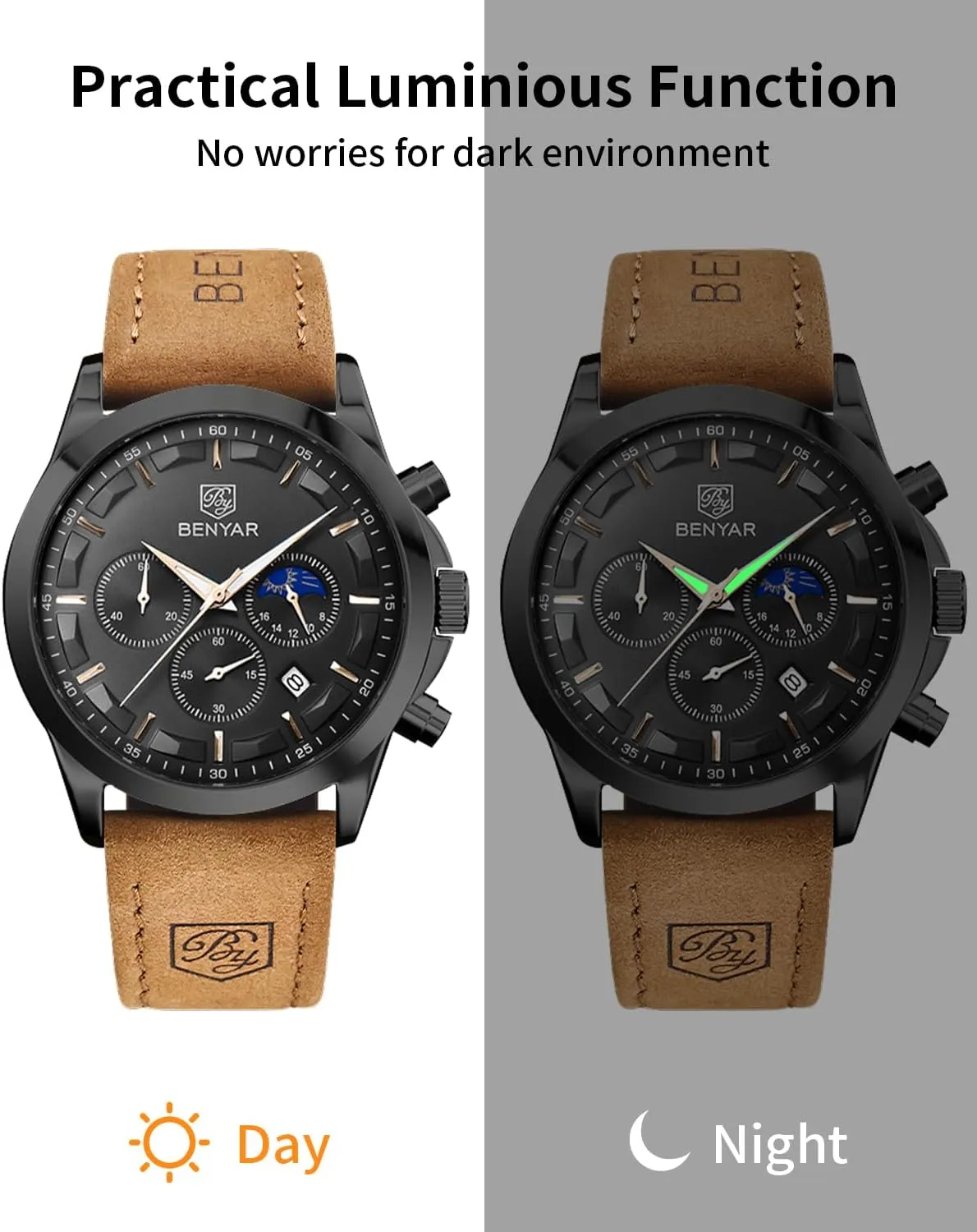 BENYAR Mens Watch Analog Quartz Movement Chronograph Stylish Casual Wristwatch with Stainless Steel Bracelets Waterproof Luminous Date Watches Elegant Gift for Men