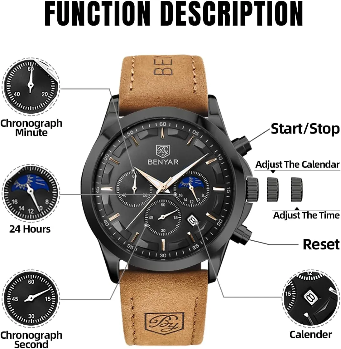 BENYAR Mens Watch Analog Quartz Movement Chronograph Stylish Casual Wristwatch with Stainless Steel Bracelets Waterproof Luminous Date Watches Elegant Gift for Men