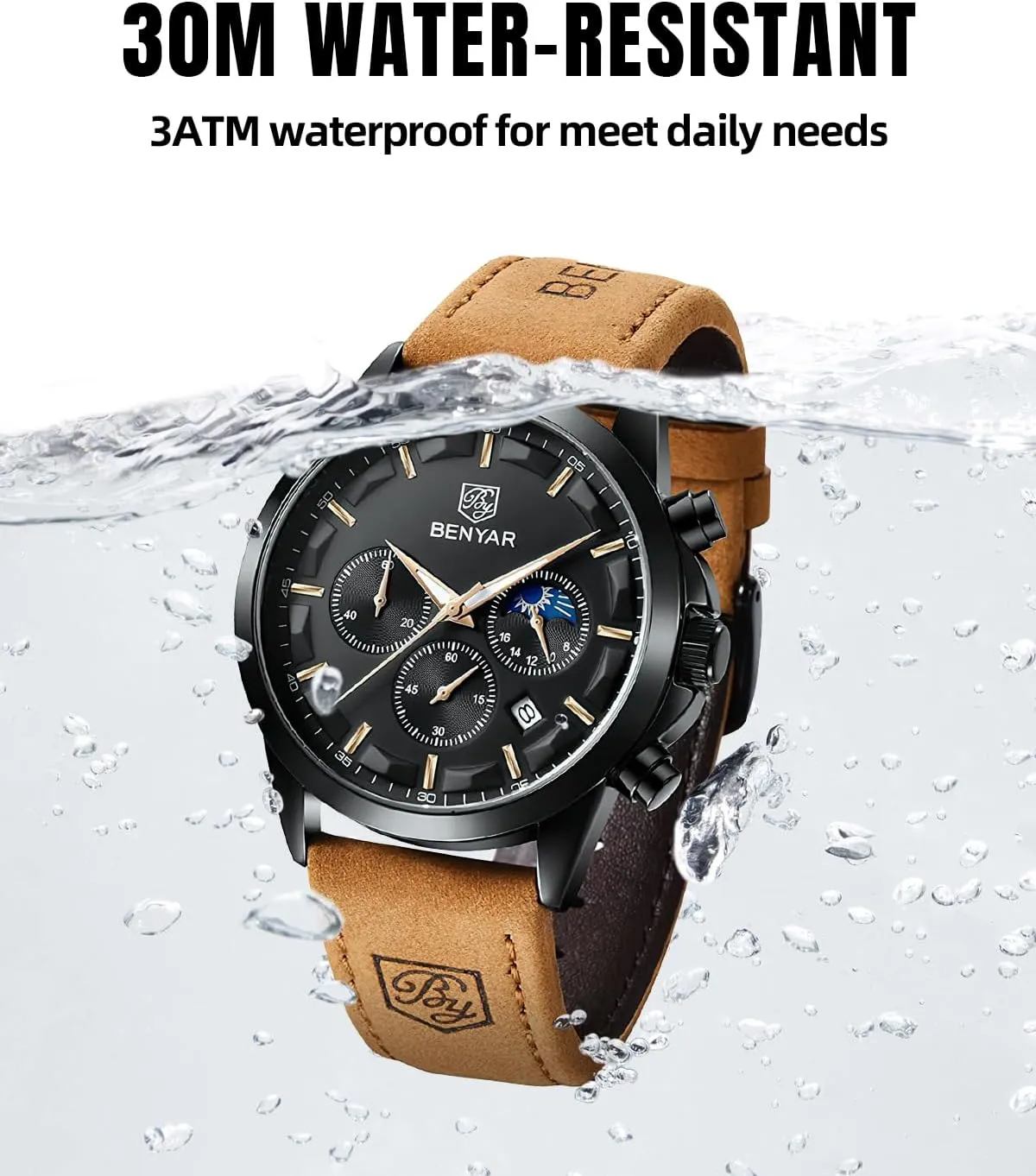 BENYAR Mens Watch Analog Quartz Movement Chronograph Stylish Casual Wristwatch with Stainless Steel Bracelets Waterproof Luminous Date Watches Elegant Gift for Men