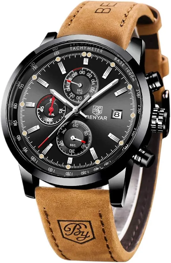 BENYAR - Stylish Wrist Watch for Men, Genuine Leather Strap Watches, Perfect Quartz Movement, Waterproof and Scratch Resistant, Analog Chronograph Business Watches