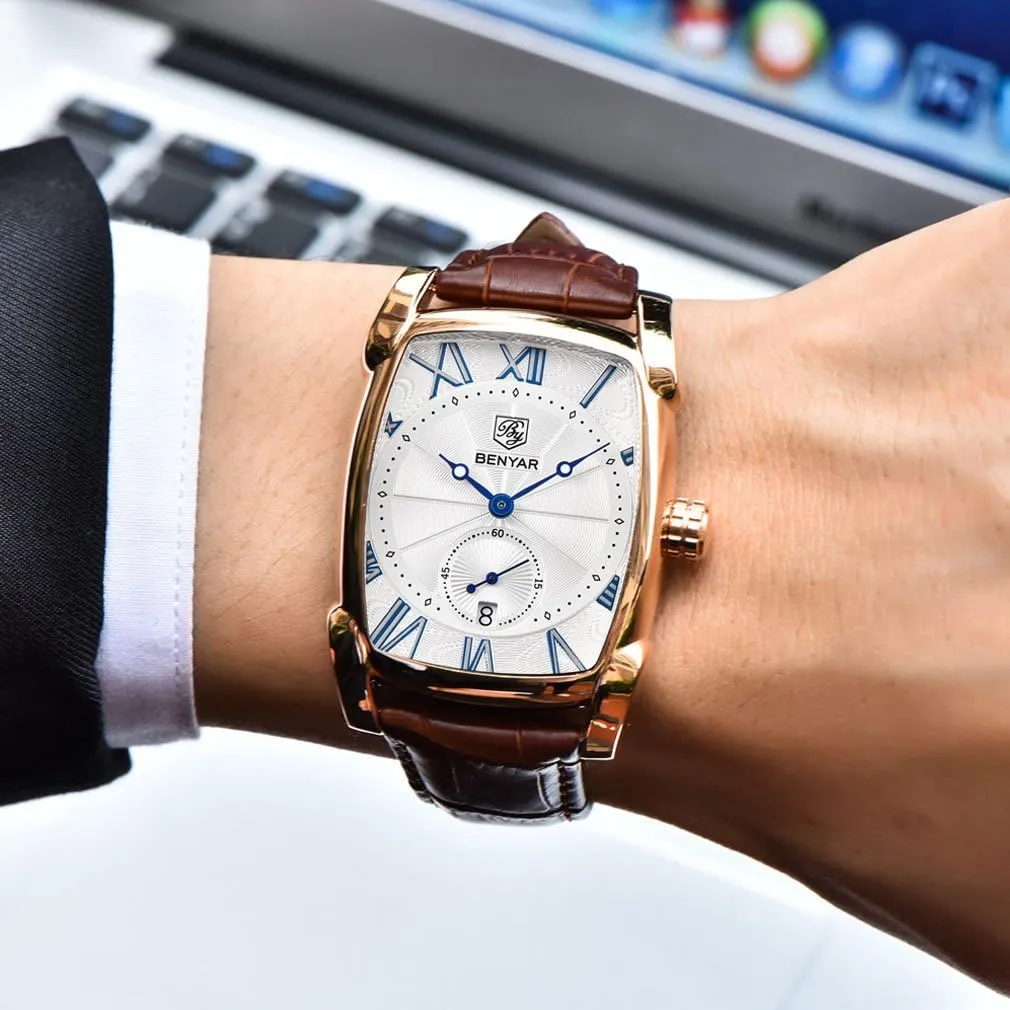 BENYAR Waterproof Classic Rectangle Case Vintage Design Watches Leather Strap Business Casual Wrist Watch for Men