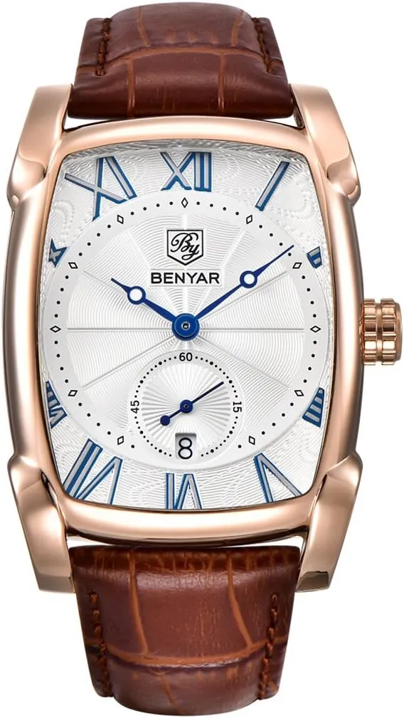 BENYAR Waterproof Classic Rectangle Case Vintage Design Watches Leather Strap Business Casual Wrist Watch for Men