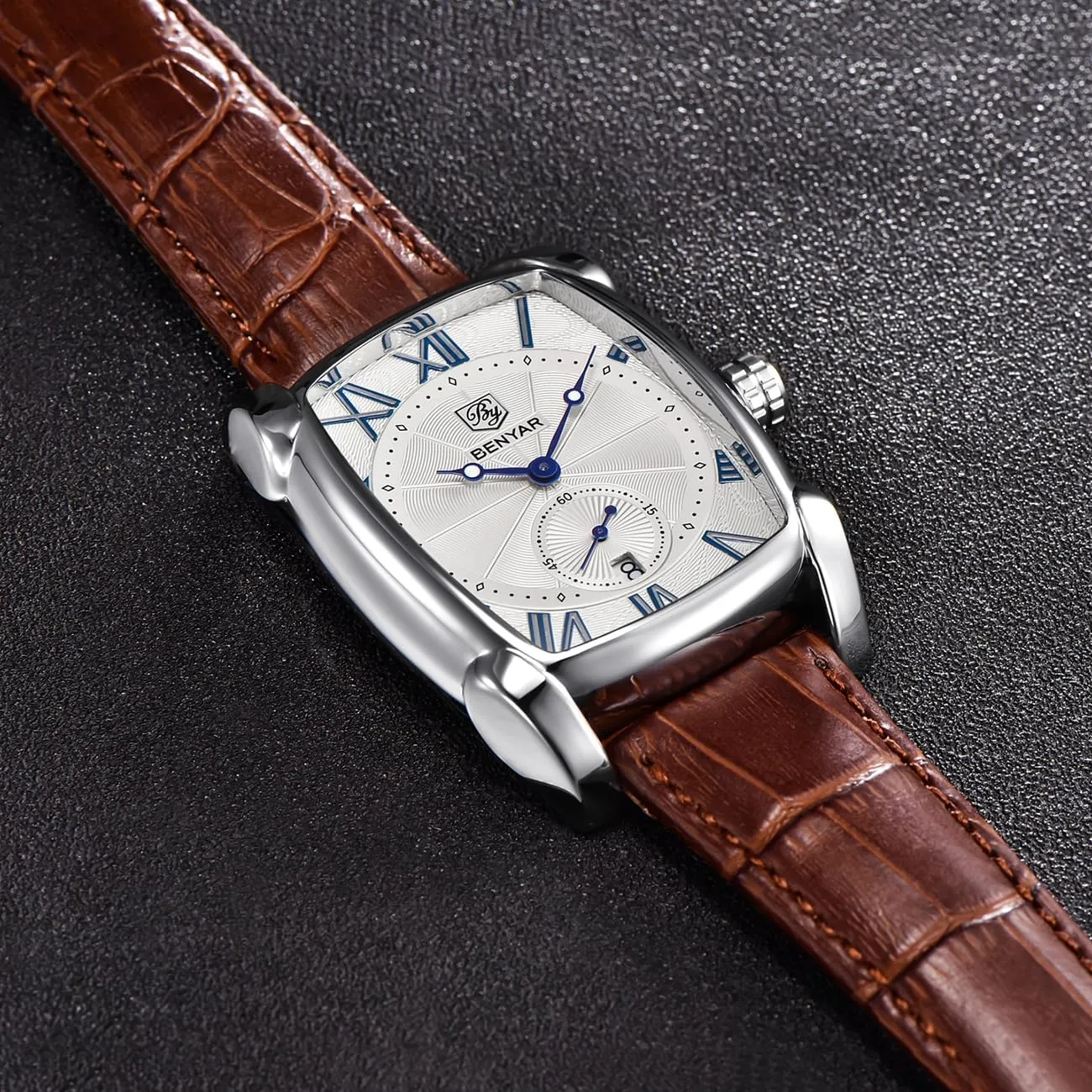 BENYAR Waterproof Classic Rectangle Case Vintage Design Watches Leather Strap Business Casual Wrist Watch for Men