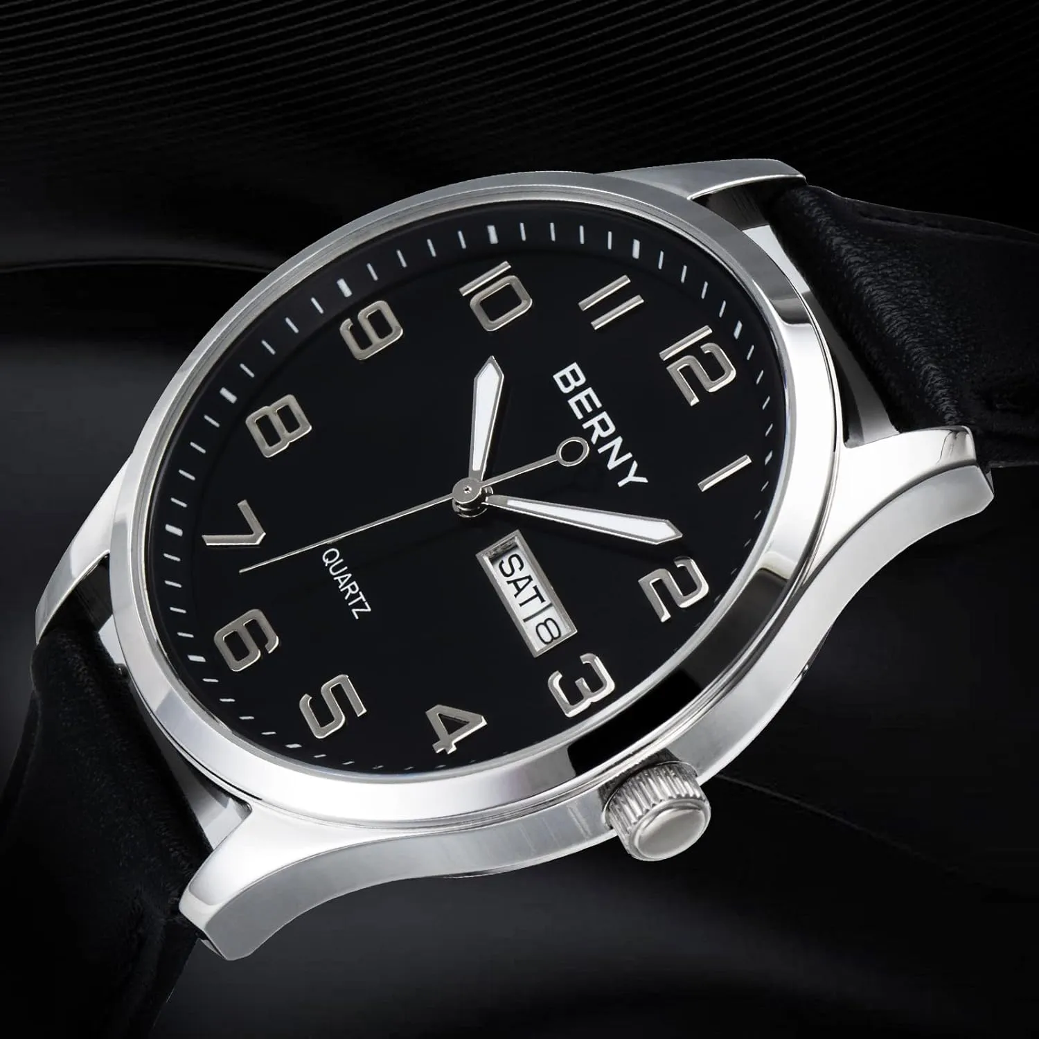 BERNY Men's Easy Reader Watch Standard Analog Display Quartz Leather Strap Wristwatch Classic Elegant Day-Date Watch for Men