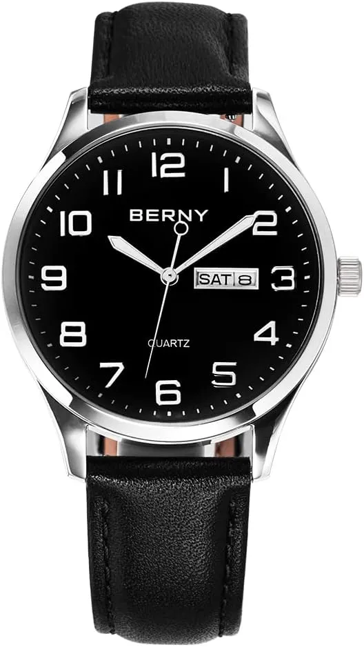 BERNY Men's Easy Reader Watch Standard Analog Display Quartz Leather Strap Wristwatch Classic Elegant Day-Date Watch for Men
