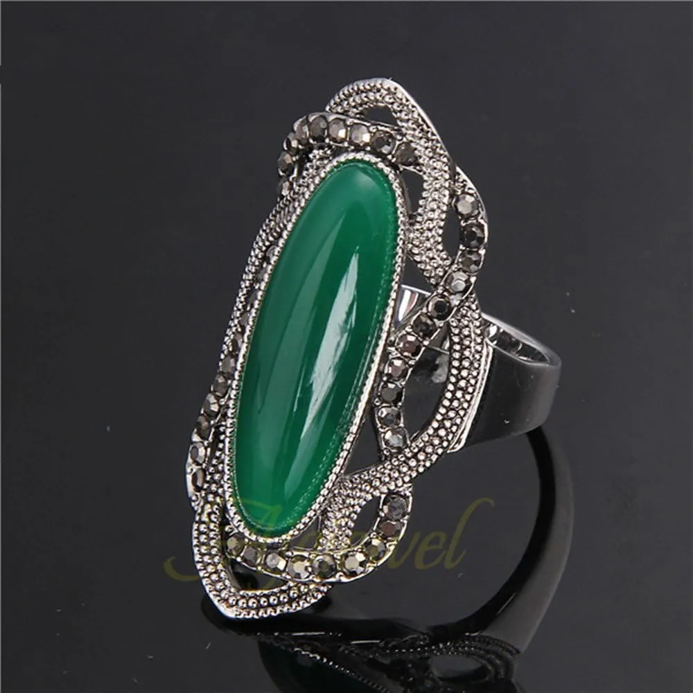 Big Green Resin Stone Rings with Black Rhinestone Women Vintage Jewelry