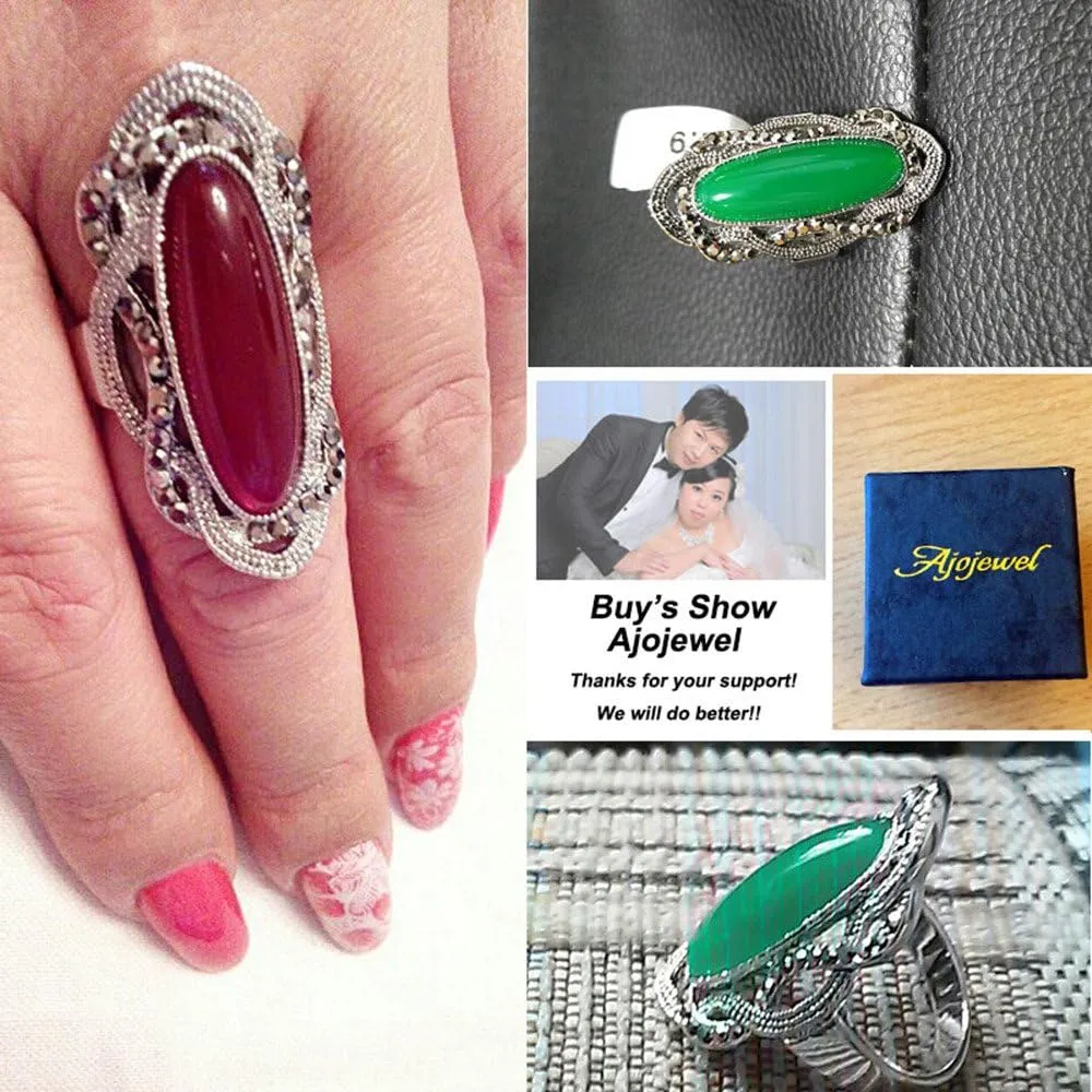 Big Green Resin Stone Rings with Black Rhinestone Women Vintage Jewelry