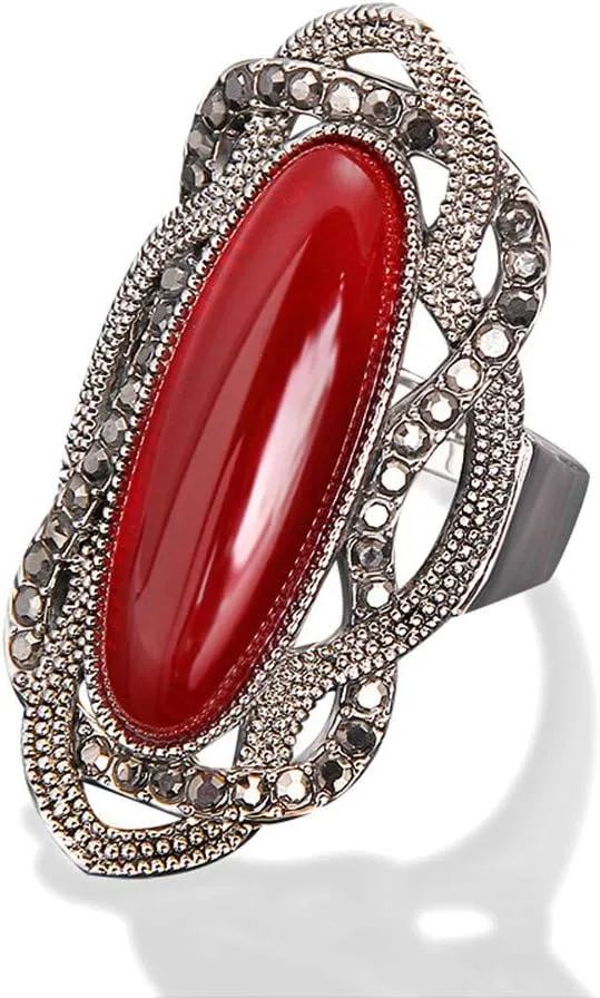 Big Green Resin Stone Rings with Black Rhinestone Women Vintage Jewelry