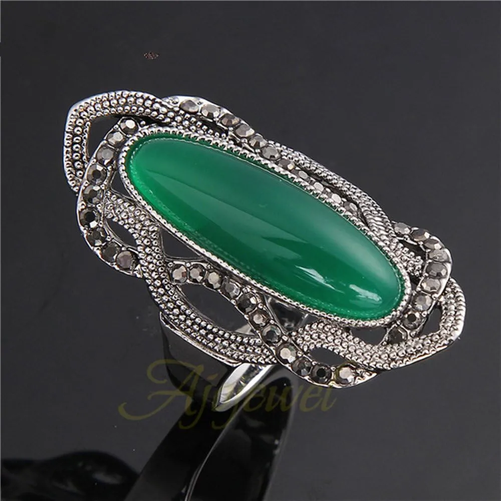 Big Green Resin Stone Rings with Black Rhinestone Women Vintage Jewelry