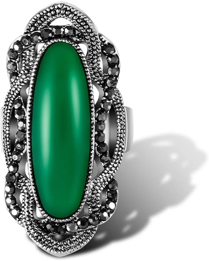 Big Green Resin Stone Rings with Black Rhinestone Women Vintage Jewelry