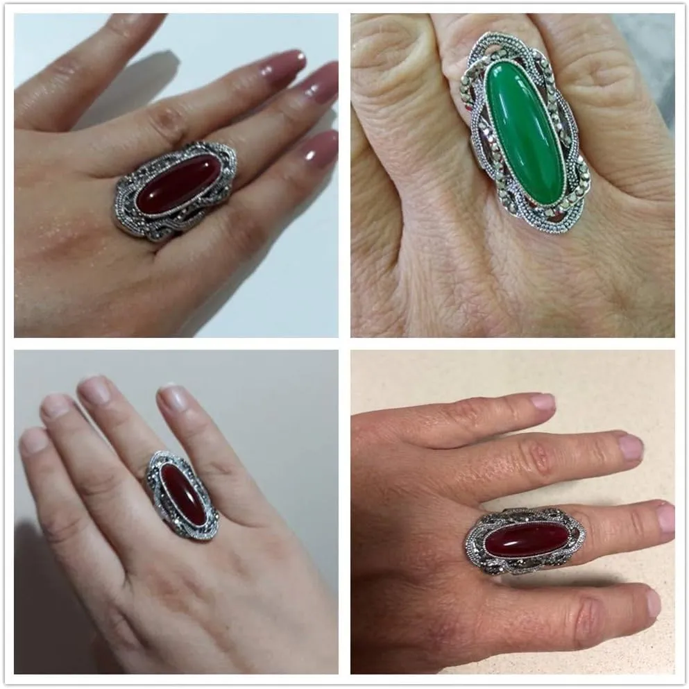 Big Green Resin Stone Rings with Black Rhinestone Women Vintage Jewelry