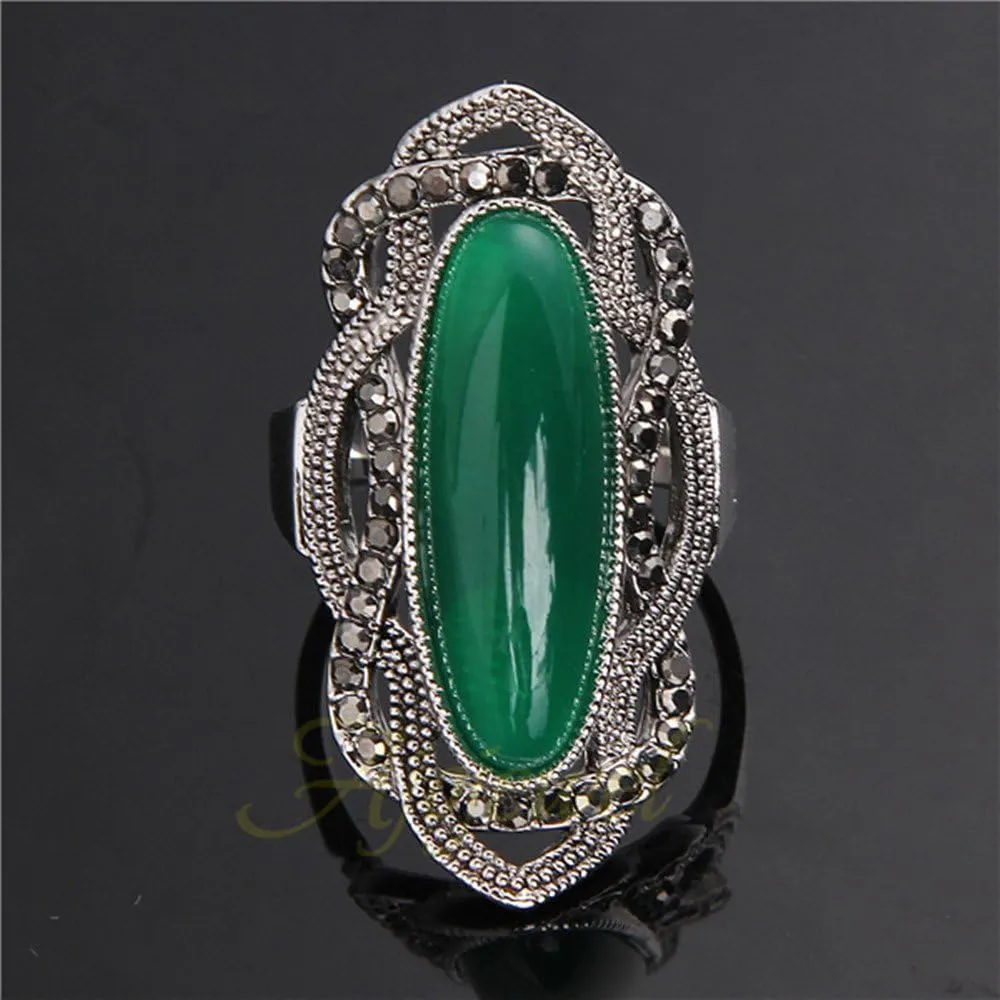 Big Green Resin Stone Rings with Black Rhinestone Women Vintage Jewelry