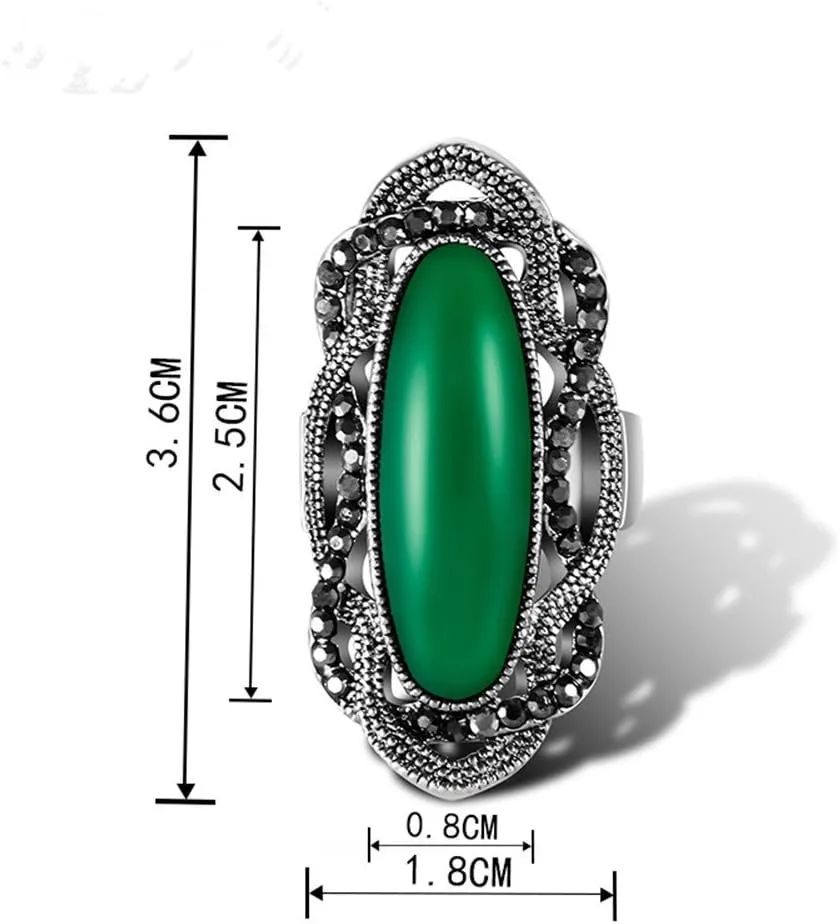 Big Green Resin Stone Rings with Black Rhinestone Women Vintage Jewelry