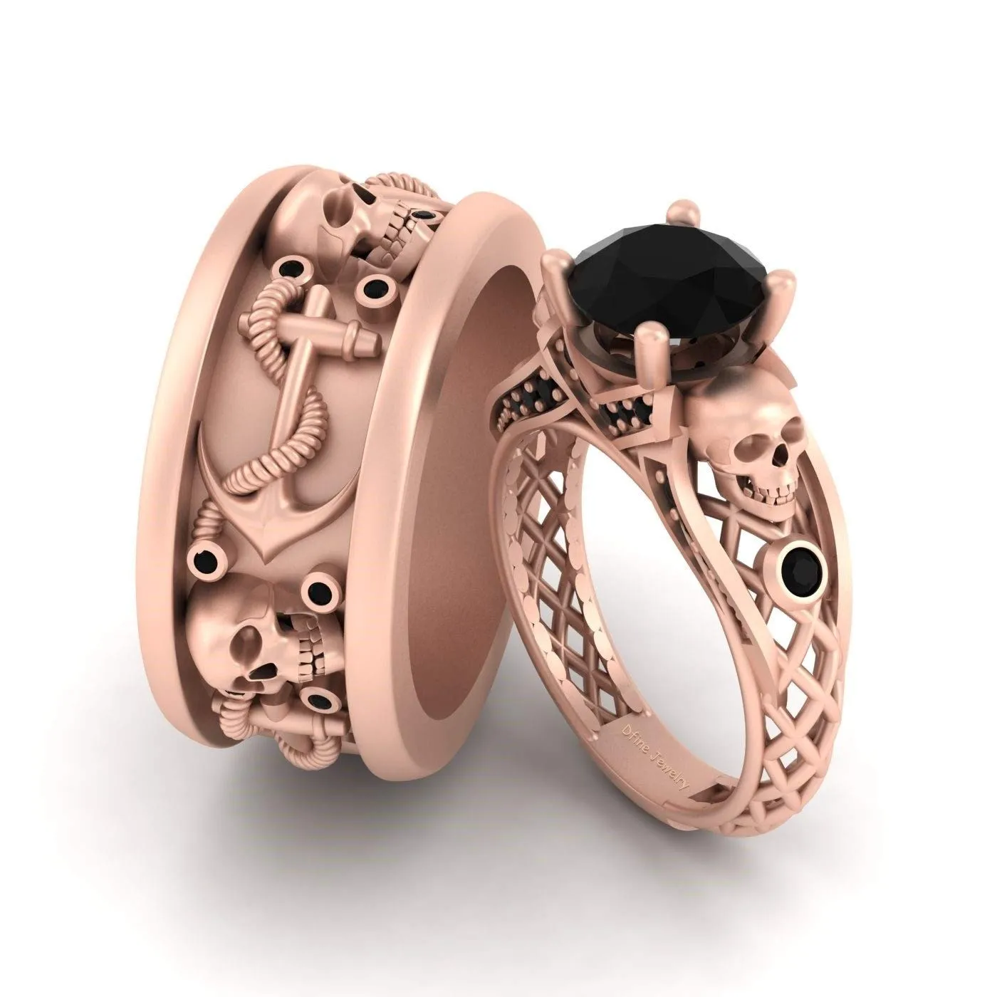 Black Diamond Anchor Skull Wedding Band Gothic Skull Engagement Ring Matching Couple Set Solid 925 Sterling Silver