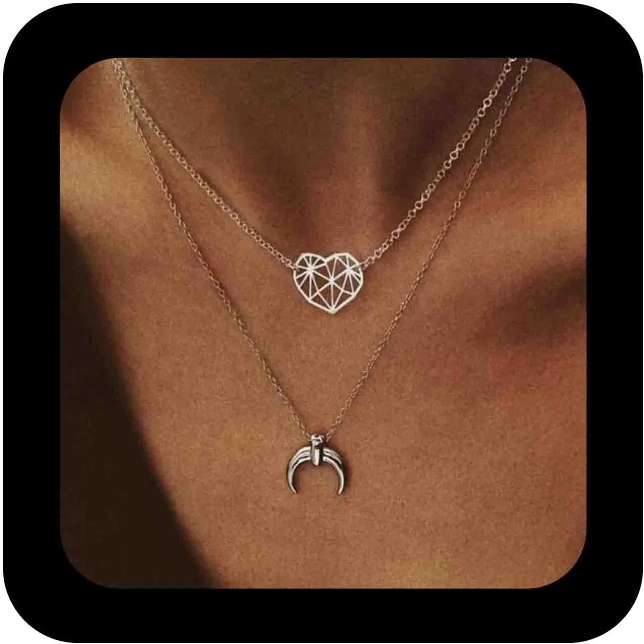 Bohemia Layered Heart Necklace Silver Moon Pendant Necklaces Moon Horn Necklace Chain Hollow Heart Choker Necklaces Layering Chain Choker Jewelry for Women