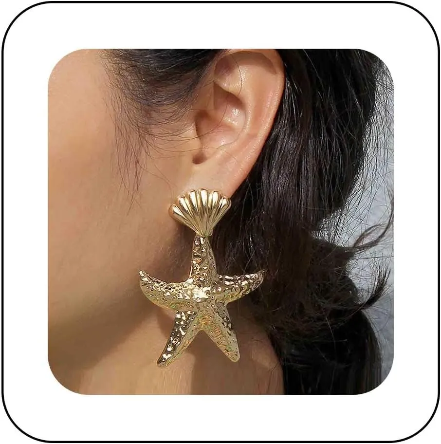 Boho Large Starfish Dangle Earrings Gold Scallop Shell Stud Earrings Metal Starfish Drop Earrings Hammered Scallop Earrings Exaggerated Starfish Earrings Jewelry for Women
