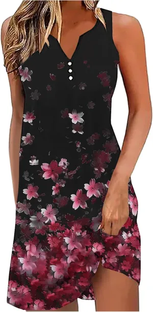 Boho Sundress for Women Summer Casual Loose Button Up Sleeveless Tank Dress Beach Vacation Retro Floral Mini Dresses