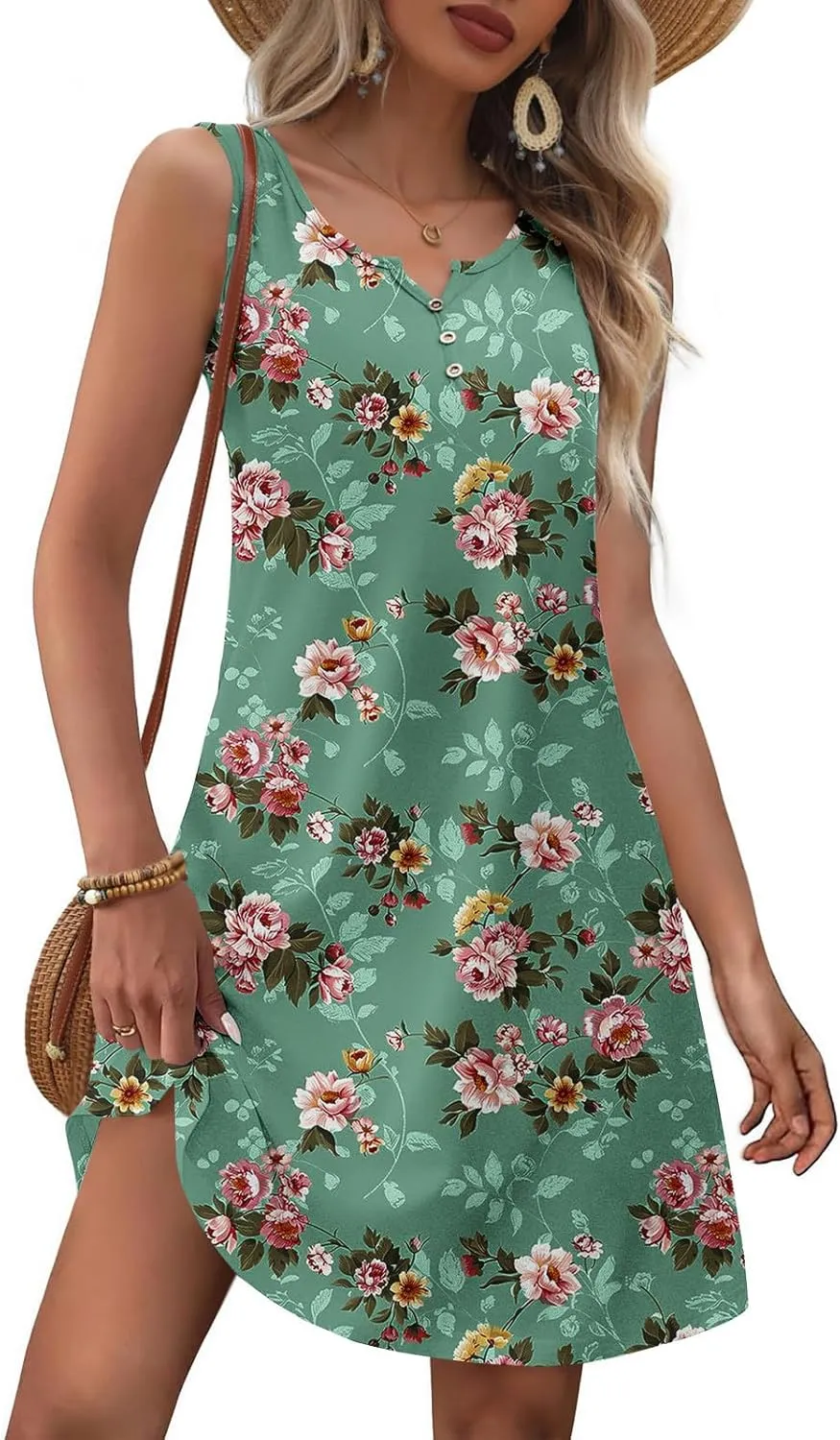 Boho Sundress for Women Summer Casual Loose Button Up Sleeveless Tank Dress Beach Vacation Retro Floral Mini Dresses