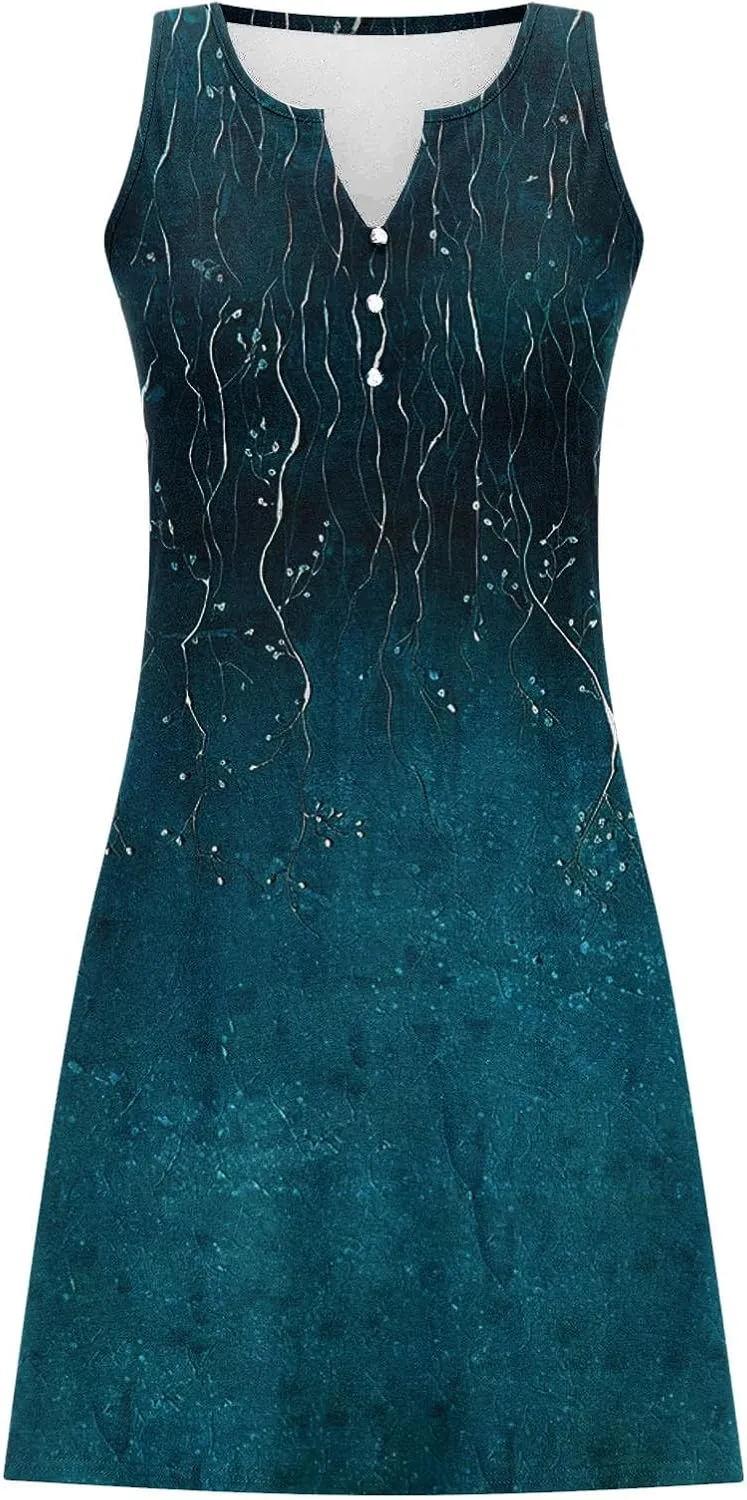 Boho Sundress for Women Summer Casual Loose Button Up Sleeveless Tank Dress Beach Vacation Retro Floral Mini Dresses