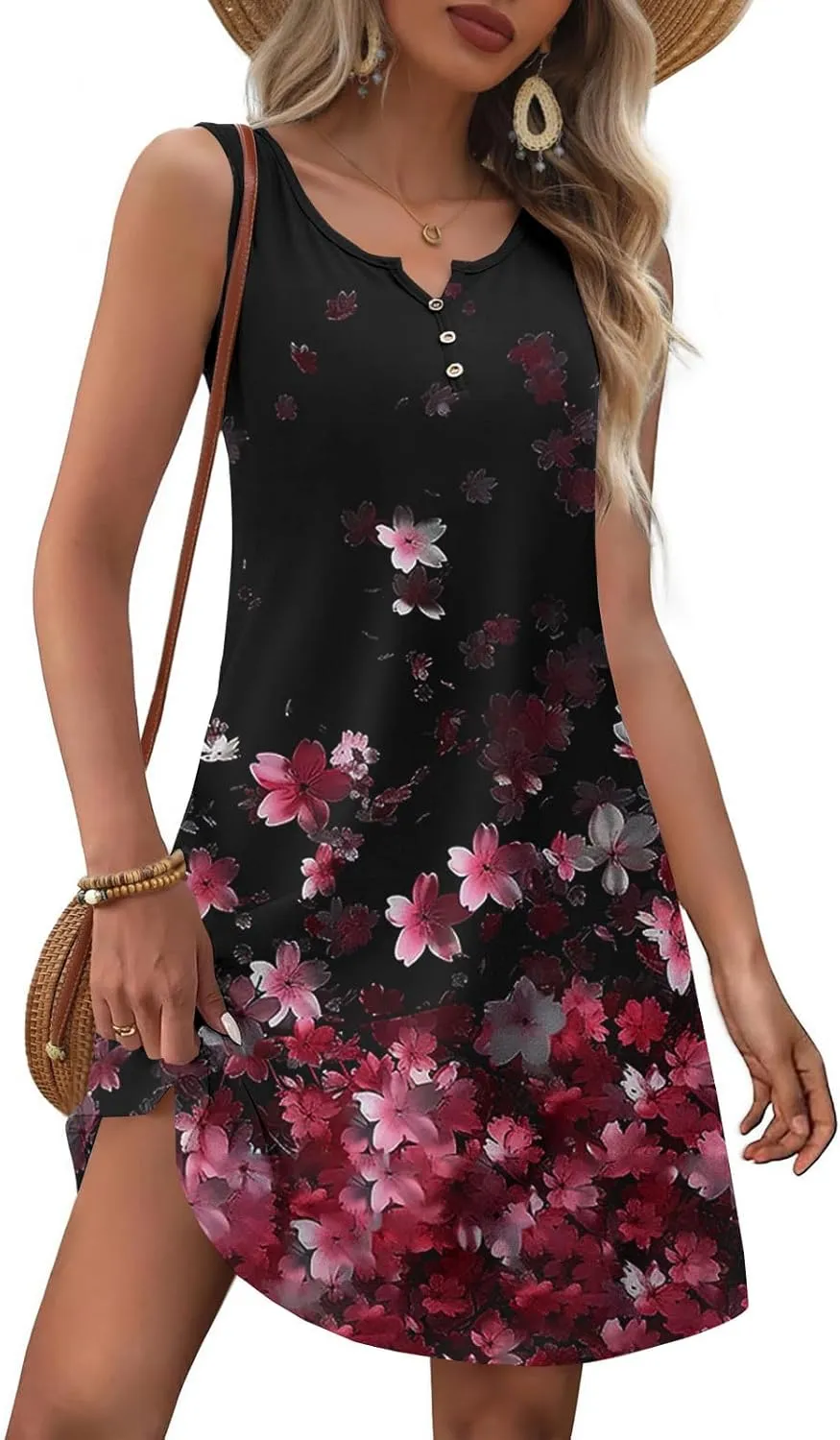 Boho Sundress for Women Summer Casual Loose Button Up Sleeveless Tank Dress Beach Vacation Retro Floral Mini Dresses