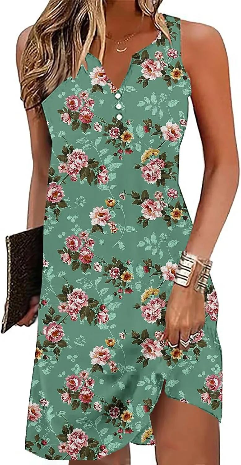Boho Sundress for Women Summer Casual Loose Button Up Sleeveless Tank Dress Beach Vacation Retro Floral Mini Dresses