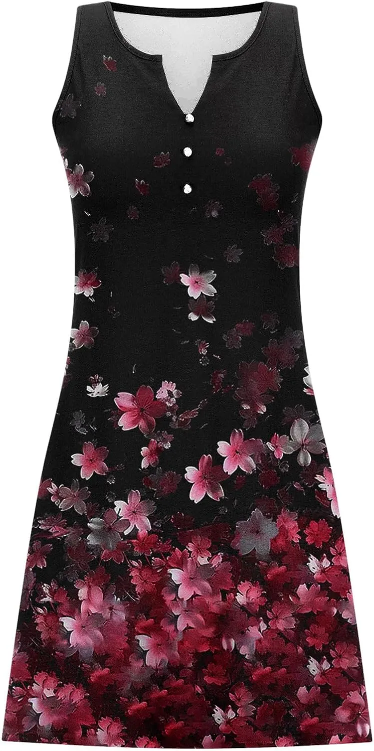 Boho Sundress for Women Summer Casual Loose Button Up Sleeveless Tank Dress Beach Vacation Retro Floral Mini Dresses