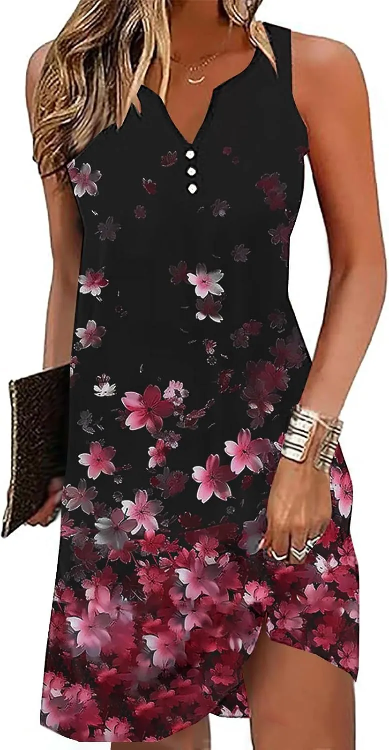 Boho Sundress for Women Summer Casual Loose Button Up Sleeveless Tank Dress Beach Vacation Retro Floral Mini Dresses