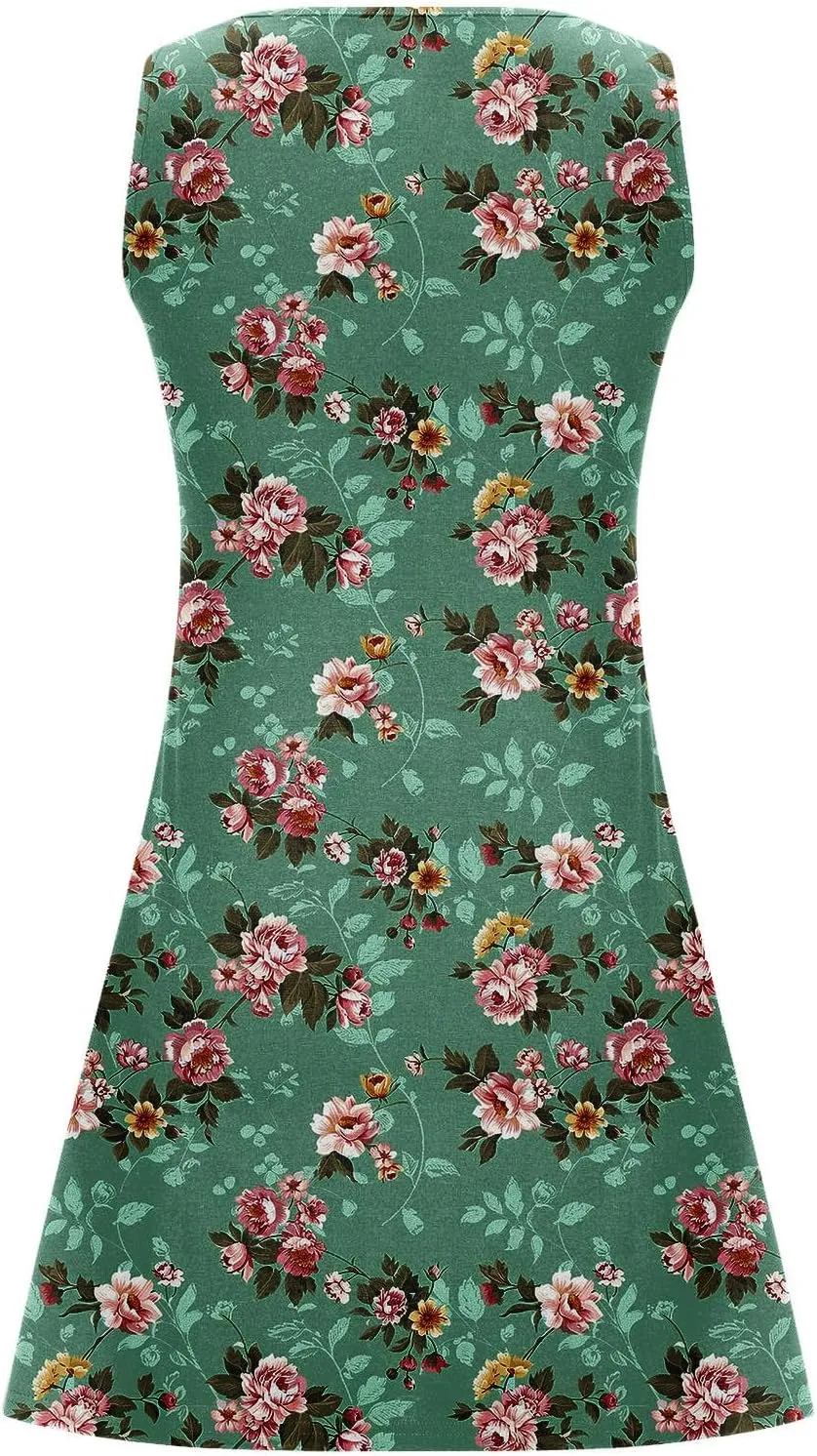 Boho Sundress for Women Summer Casual Loose Button Up Sleeveless Tank Dress Beach Vacation Retro Floral Mini Dresses