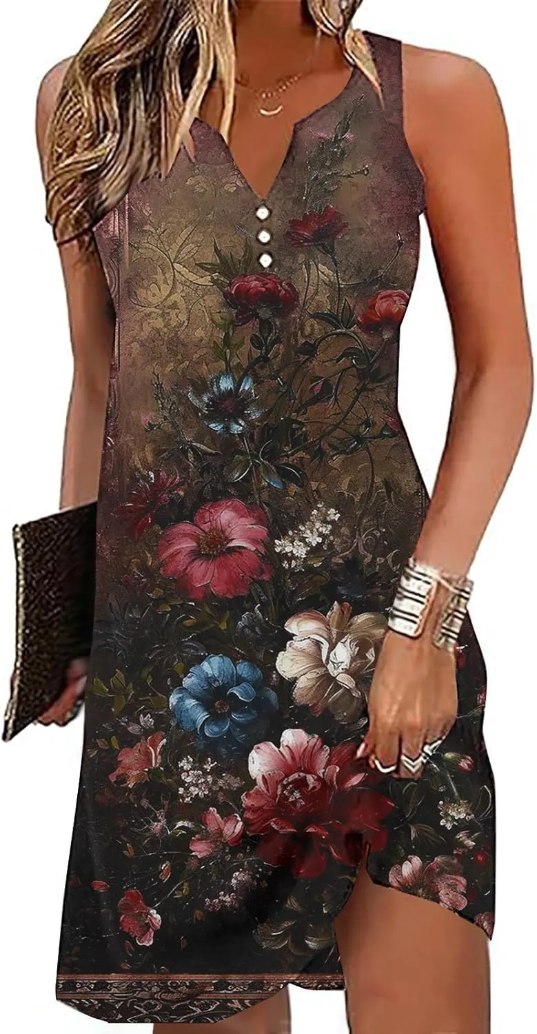 Boho Sundress for Women Summer Casual Loose Button Up Sleeveless Tank Dress Beach Vacation Retro Floral Mini Dresses