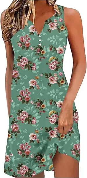 Boho Sundress for Women Summer Casual Loose Button Up Sleeveless Tank Dress Beach Vacation Retro Floral Mini Dresses