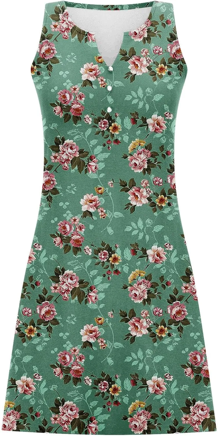 Boho Sundress for Women Summer Casual Loose Button Up Sleeveless Tank Dress Beach Vacation Retro Floral Mini Dresses