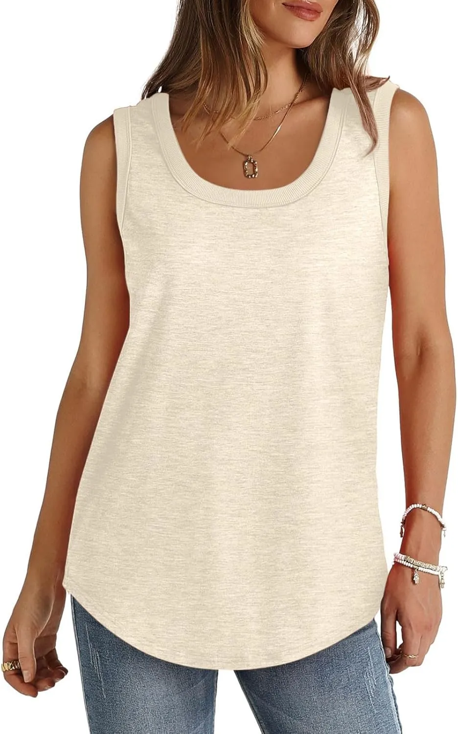 Borniu Womens Tank Tops Summer Loose Sleeveless Tops Scoop Neck Curved Hem Casual Flowy Shirt 2024 Outfits Clothes
