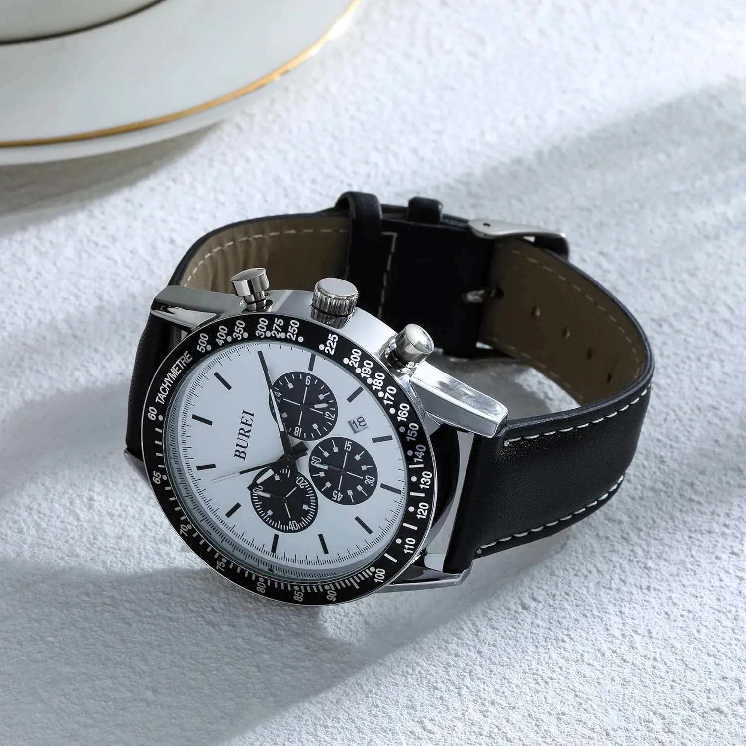 BUREI Men Black Watch Leather Watches for Men,Multifunction Chronograph Wrist Watch Fashion Waterproof Watch,Business Casual Men's Watch Analog Quartz Watch