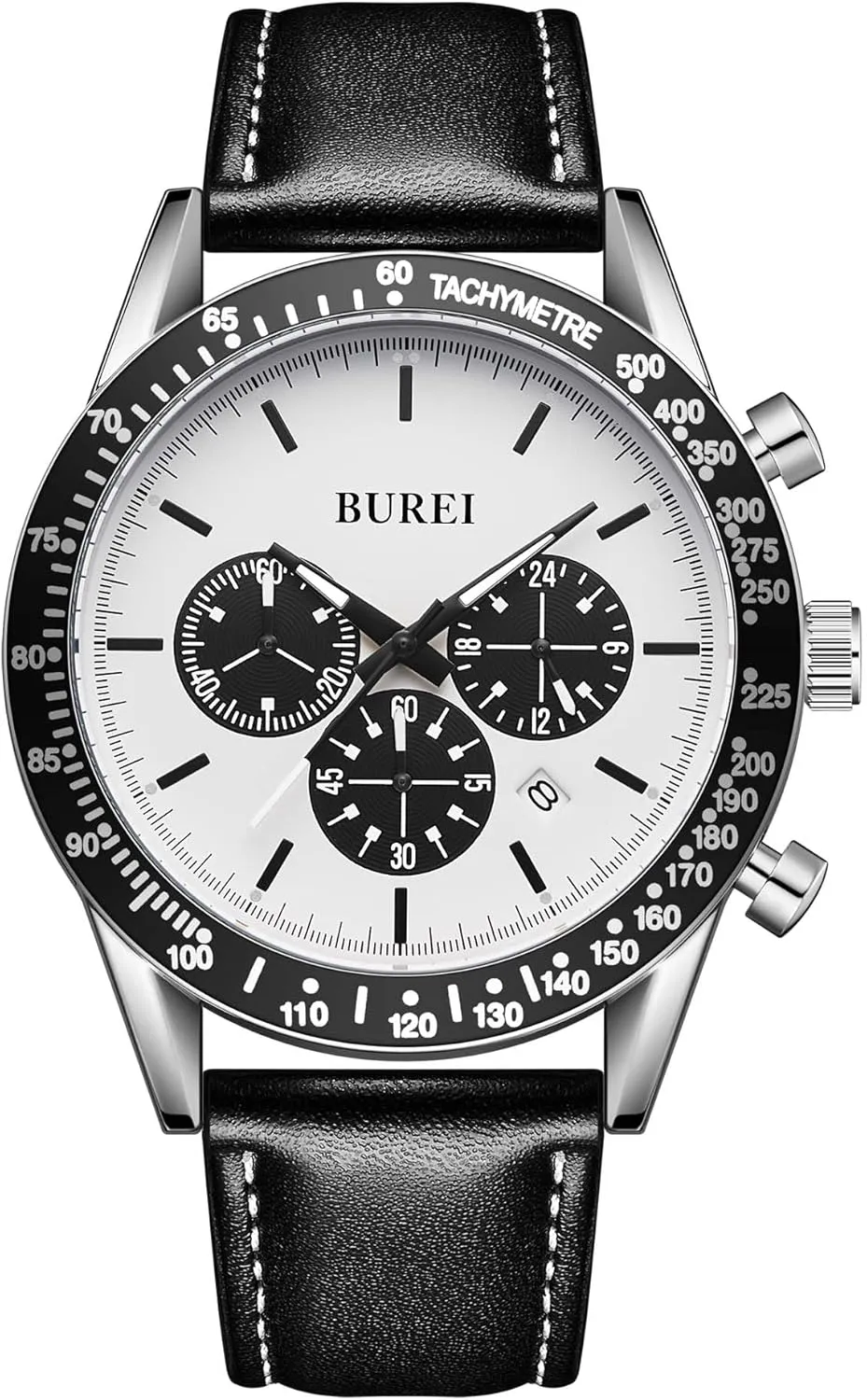 BUREI Men Black Watch Leather Watches for Men,Multifunction Chronograph Wrist Watch Fashion Waterproof Watch,Business Casual Men's Watch Analog Quartz Watch