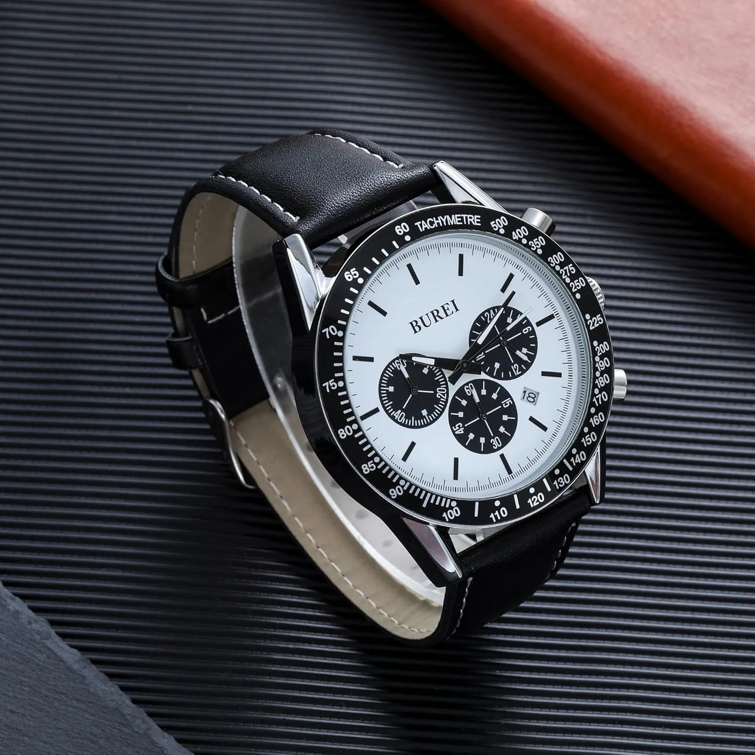 BUREI Men Black Watch Leather Watches for Men,Multifunction Chronograph Wrist Watch Fashion Waterproof Watch,Business Casual Men's Watch Analog Quartz Watch