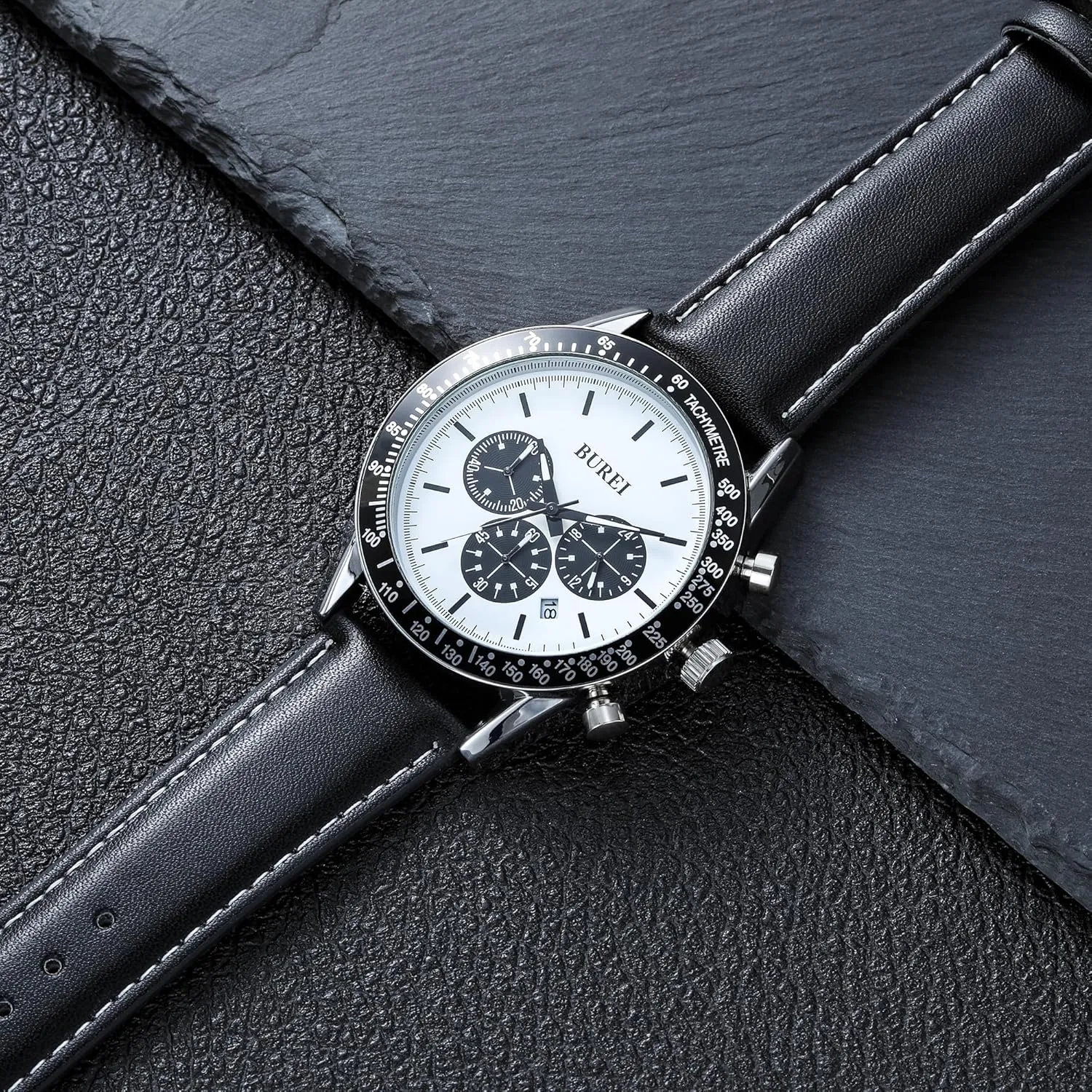 BUREI Men Black Watch Leather Watches for Men,Multifunction Chronograph Wrist Watch Fashion Waterproof Watch,Business Casual Men's Watch Analog Quartz Watch