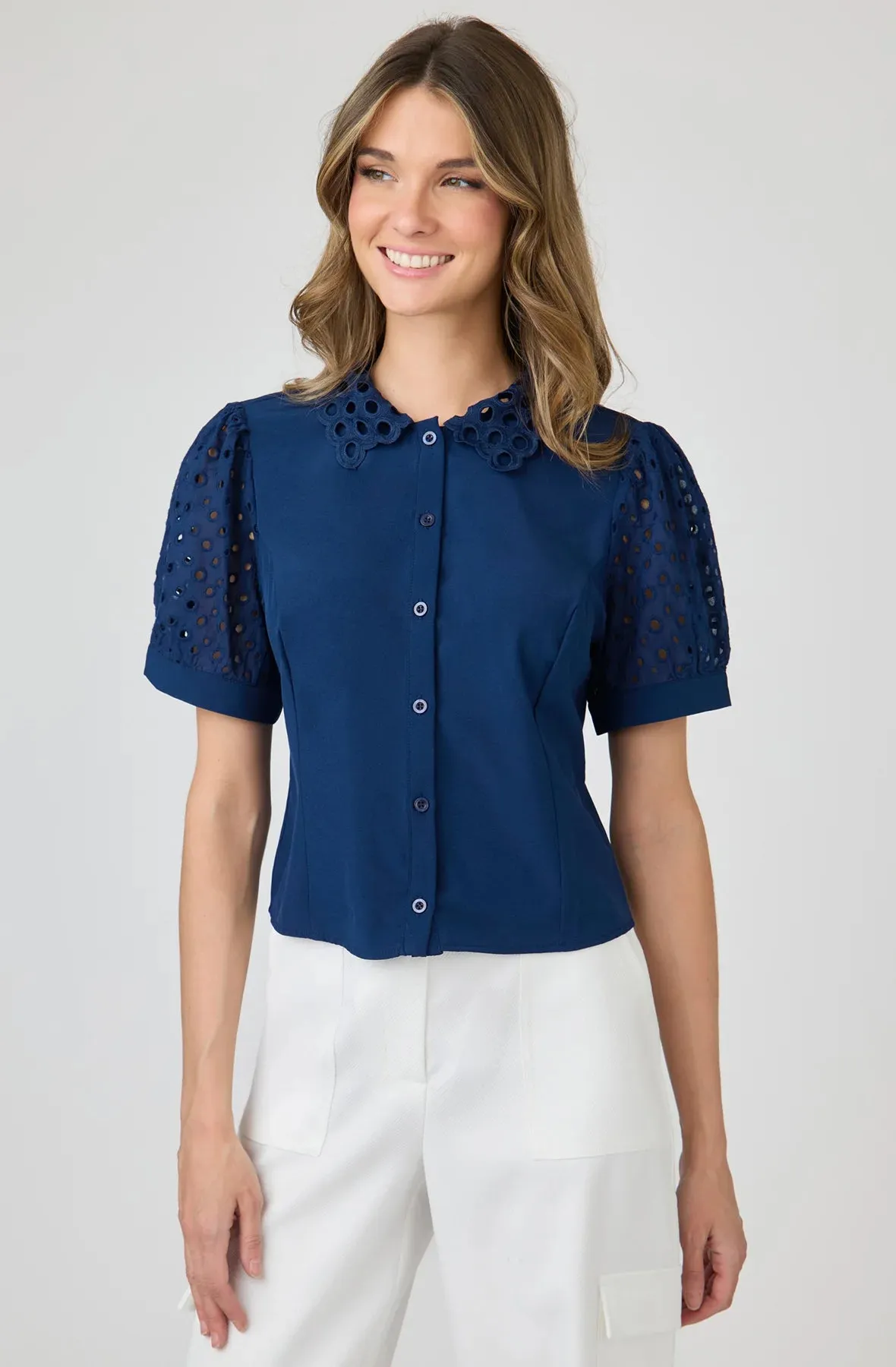 Button Down Blouse Eyelet Collar Puff Sleeve