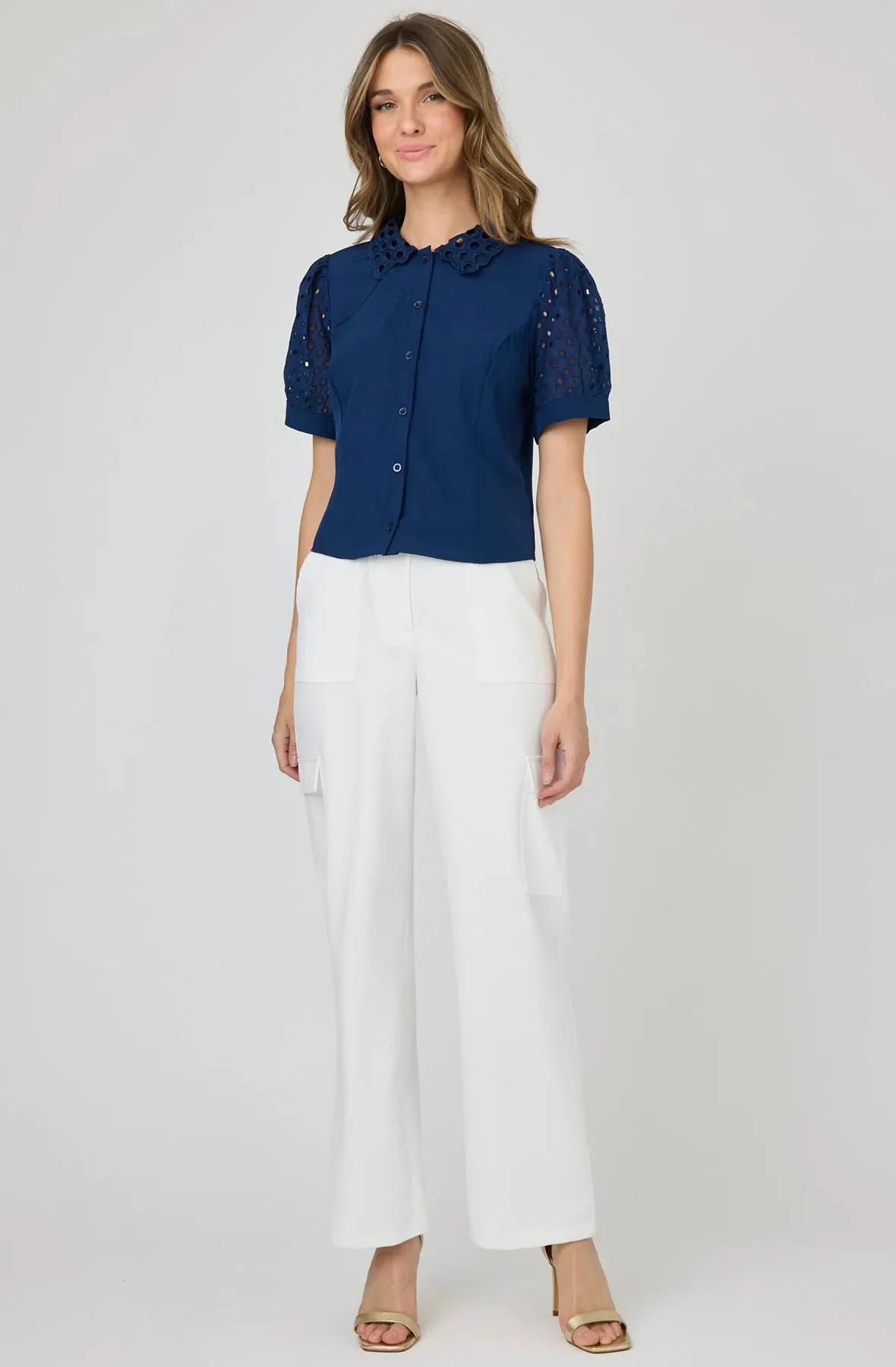Button Down Blouse Eyelet Collar Puff Sleeve