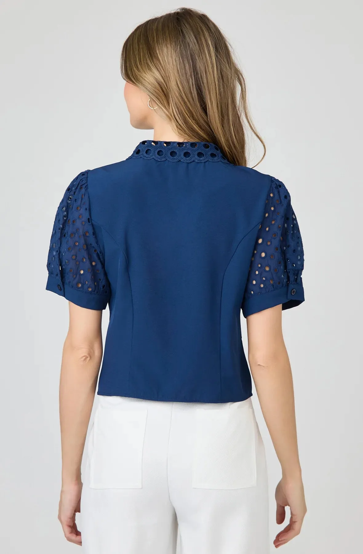 Button Down Blouse Eyelet Collar Puff Sleeve