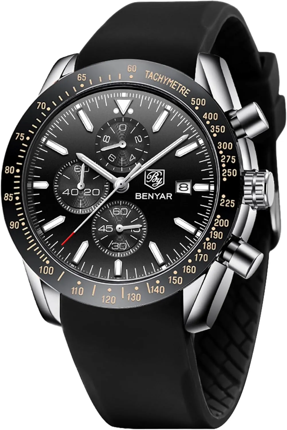 BY BENYAR Watch for Men Analog Quartz Chronograph Waterproof Luminous Designer Mens Wrist Watches Business Work Sport Casual Dress Watch with Silicone Strap Elegant Gifts for Men