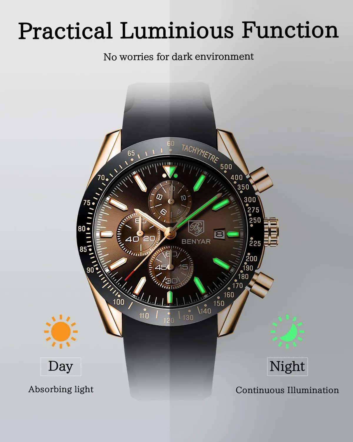 BY BENYAR Watch for Men Analog Quartz Chronograph Waterproof Luminous Designer Mens Wrist Watches Business Work Sport Casual Dress Watch with Silicone Strap Elegant Gifts for Men