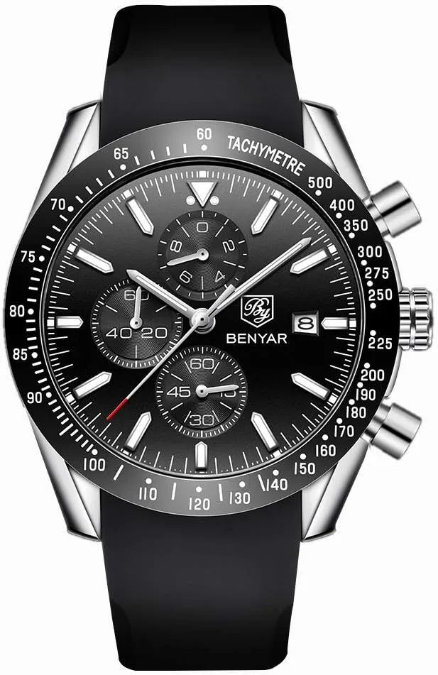 BY BENYAR Watch for Men Analog Quartz Chronograph Waterproof Luminous Designer Mens Wrist Watches Business Work Sport Casual Dress Watch with Silicone Strap Elegant Gifts for Men