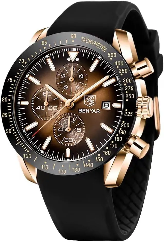 BY BENYAR Watch for Men Analog Quartz Chronograph Waterproof Luminous Designer Mens Wrist Watches Business Work Sport Casual Dress Watch with Silicone Strap Elegant Gifts for Men