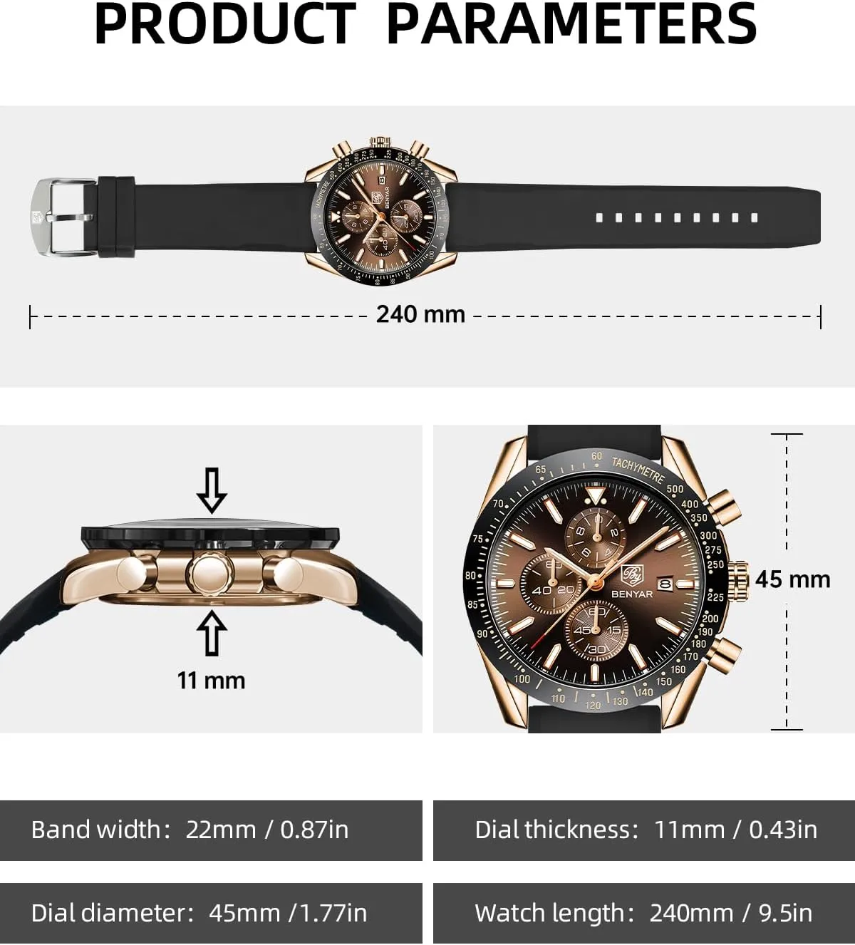 BY BENYAR Watch for Men Analog Quartz Chronograph Waterproof Luminous Designer Mens Wrist Watches Business Work Sport Casual Dress Watch with Silicone Strap Elegant Gifts for Men