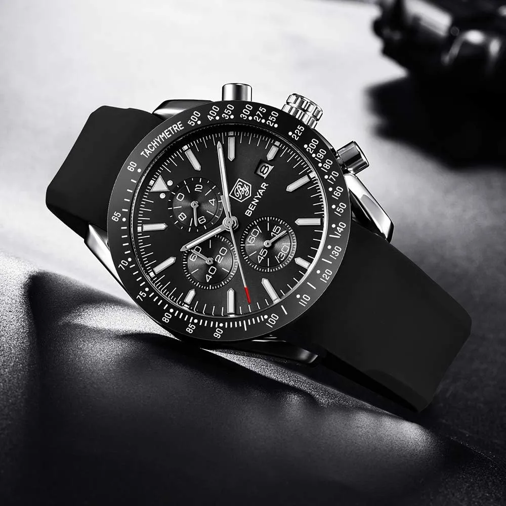 BY BENYAR Watch for Men Analog Quartz Chronograph Waterproof Luminous Designer Mens Wrist Watches Business Work Sport Casual Dress Watch with Silicone Strap Elegant Gifts for Men