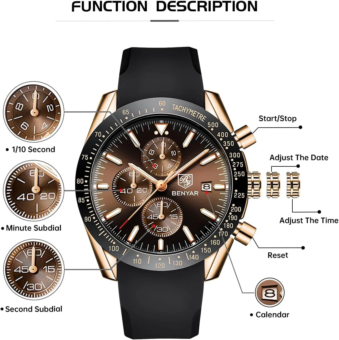 BY BENYAR Watch for Men Analog Quartz Chronograph Waterproof Luminous Designer Mens Wrist Watches Business Work Sport Casual Dress Watch with Silicone Strap Elegant Gifts for Men